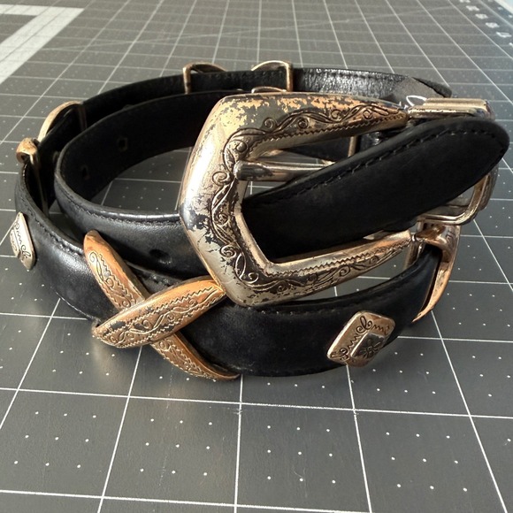 Brighton Accessories - Vintage Western Boho Brighton Black Concho Leather Belt Country Americana Size S